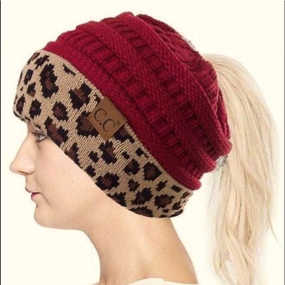 🆕C.C Pony-Tail/Messy Bun Beanie. Red with Leopard Print NWT